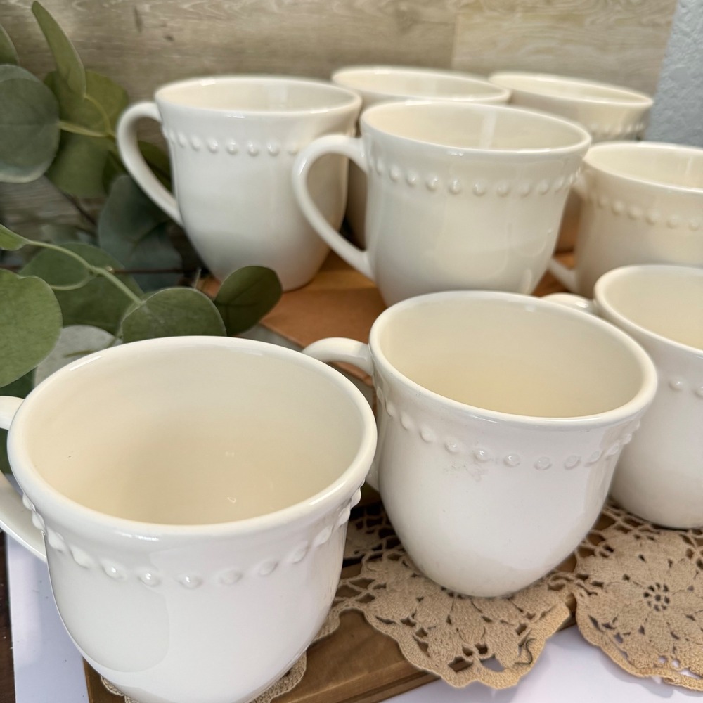 Pottery Barn Emma White Beaded Rim Coffee Mugs Set of 8 Made in Portugal
